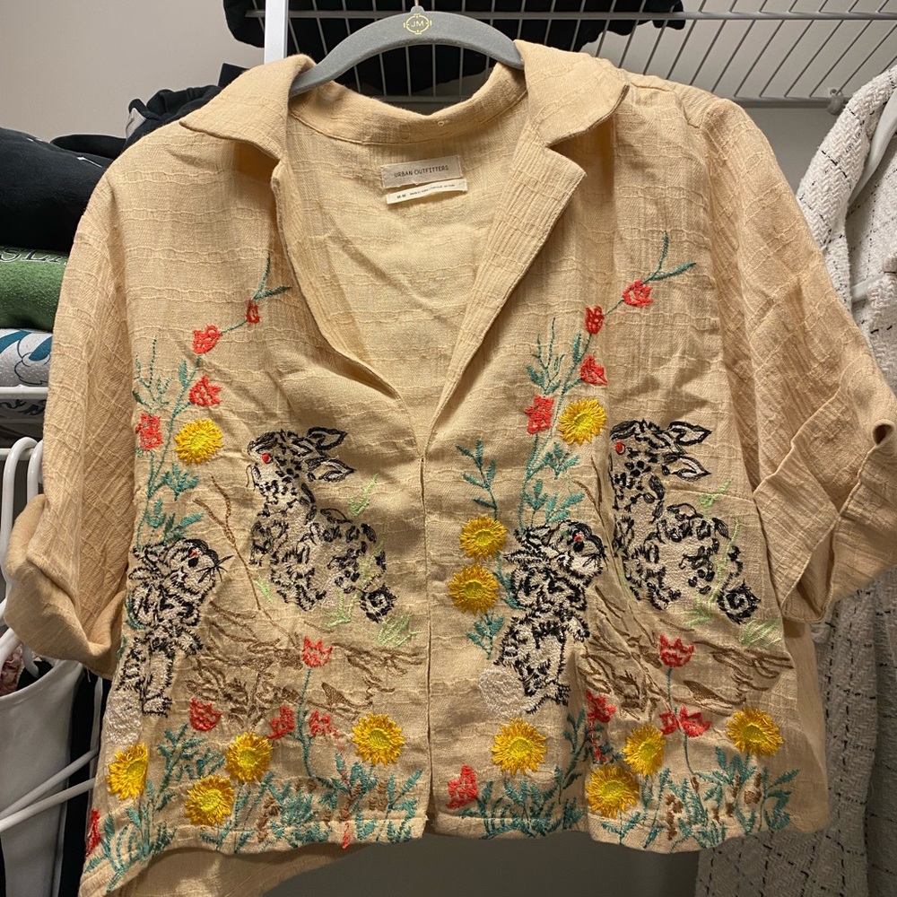 UO embroidered button up crop top